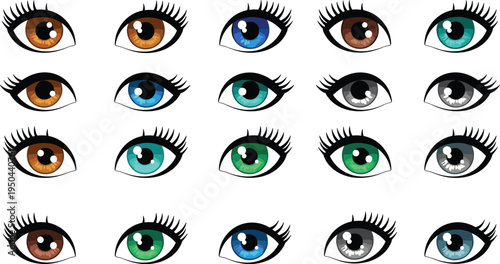 Grid of twenty stylized cartoon eyes with diverse iris colors including brown, blue, green, gray, and turquoise, perfect for character design, art, and educational projects