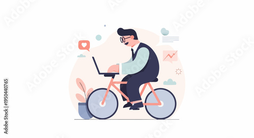 Person using laptop while riding a bicycle, promoting digital work