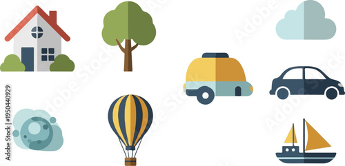 Flat design icons of house, tree, cloud, car, camper, hot air balloon, moon and boat