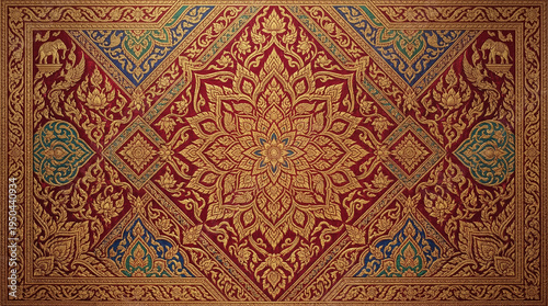 Traditional thai pattern featuring intricate gold and red ornate motifs and cultural symbols, perfect as vibrant decorative background texture for any festive occasion.