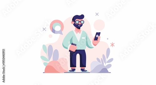 Person with glasses, beard, holding phone and book