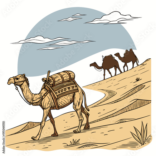 A camel with a saddle on its back walking on a desert path