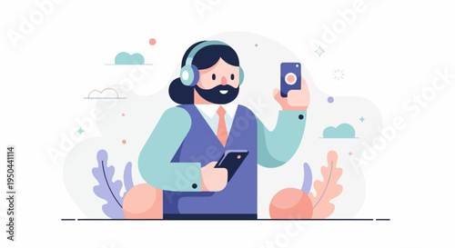 Flat illustration of a person wearing headphones and holding two phones