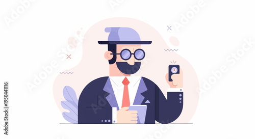 Flat illustration of a man in a suit and hat taking a photo