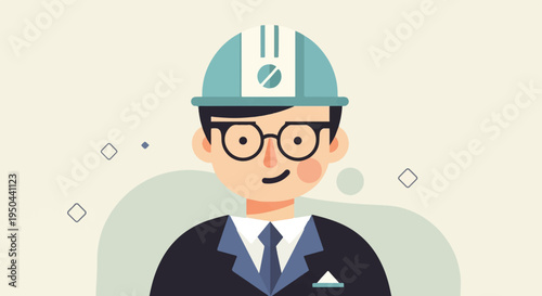 Cartoon person in hard hat and suit, smiling