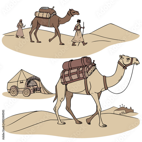 Camels walking in the desert with people and a tent