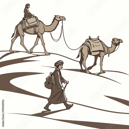 A man leads a camel while another rides