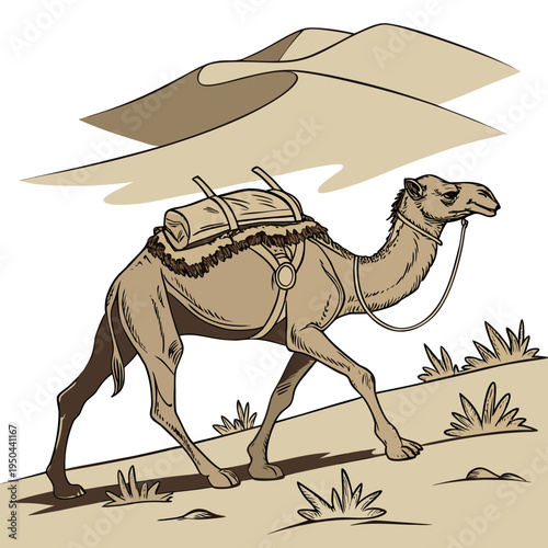 A camel walking on a sandy hill