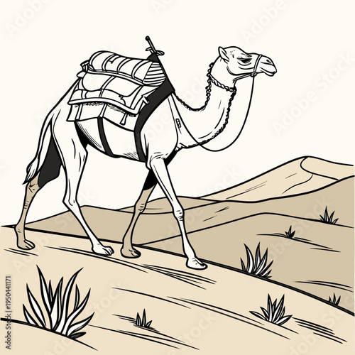 A camel walking through the desert with a saddle on its back