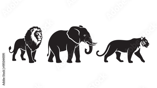 Lion Elephant Tiger Silhouettes Isolated On White For Wildlife Conservation Concepts