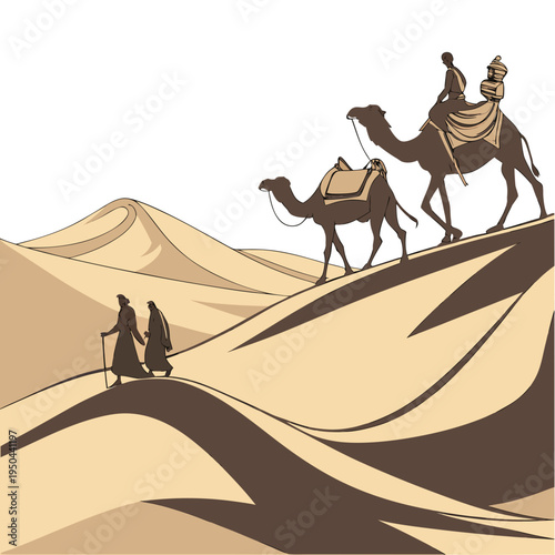 People walking on sand dunes with camels