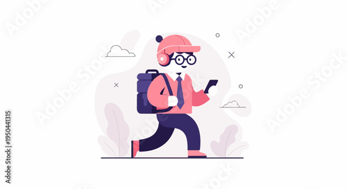Cartoon character in pink shirt, blue pants, and cap walking with backpack and phone