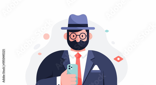 Flat illustration of a bearded man in a hat and suit holding a smartphone