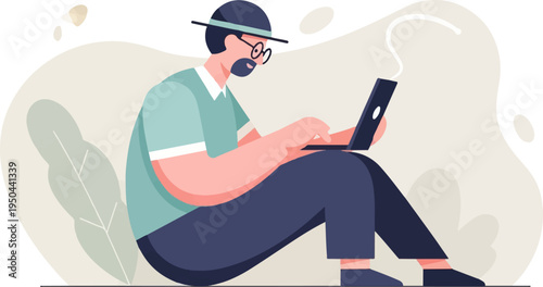 Bearded man with hat and glasses typing on laptop outdoors