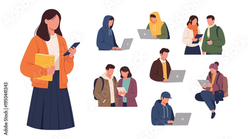 Tech-Savvy Scholar: A diverse group of students, absorbed in their studies, utilizing cutting-edge technology such as laptops and smartphones, exemplifies modern learning and connectivity.