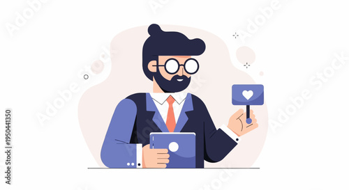 Bearded man in suit holds tablet and likes sign, flat illustration