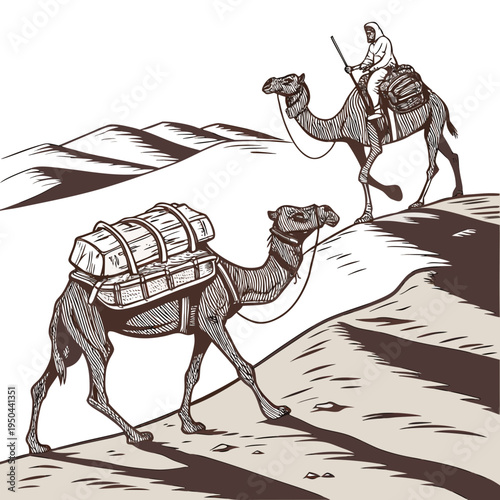 A man rides a camel with another laden camel walking beside them