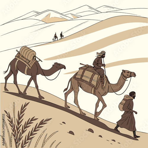 A group of people walking across a desert with camels