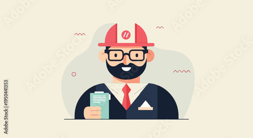 Animated man with hard hat and clipboard, wearing glasses and tie