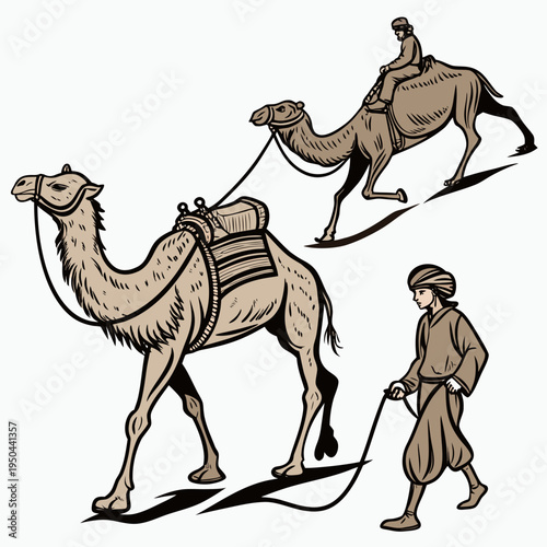 A man leads a camel on a leash with another camel and rider in the background