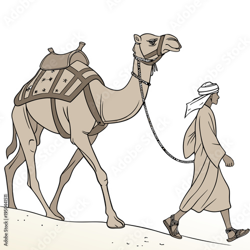 A man walks with a camel