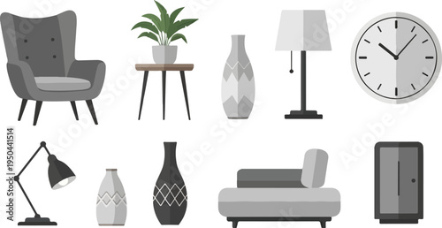 Flat design interior decor elements armchair, plants, vases, lamps, clock, couch, cabinet