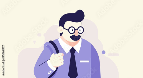 A smiling man with a mustache and glasses holds a bag over his shoulder