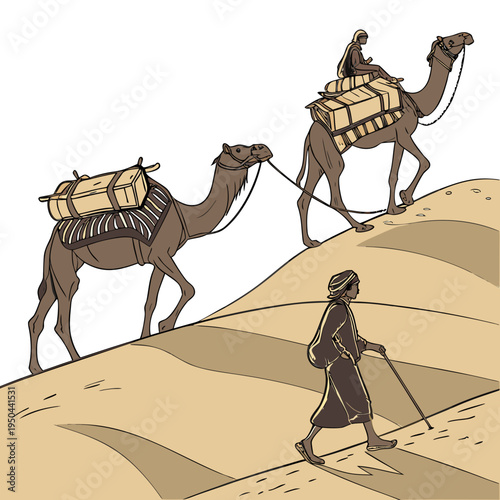 A man walks with two loaded camels through the desert