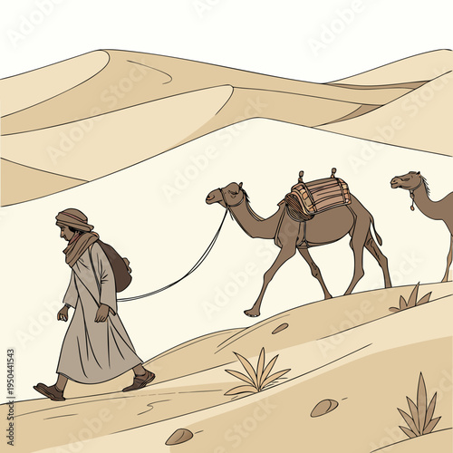 A man in a desert with two camels