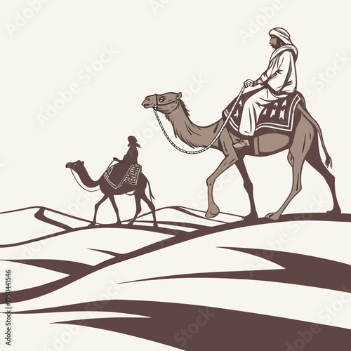 A man rides a camel through the desert with another camel
