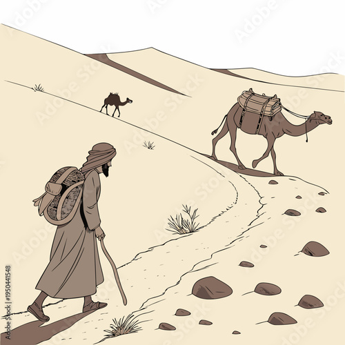 A man walking in the desert with two camels