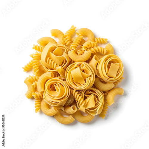 Top View of Mixed Dry Italian Pasta Varieties Including Fusilli Pappardelle and Elbow Macaroni Isolated on White Background