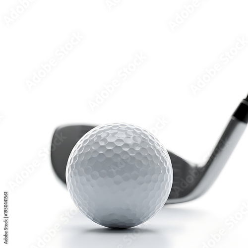Close-Up of White Golf Ball with Iron Golf Club Head Positioned Behind Isolated on Pure White Background