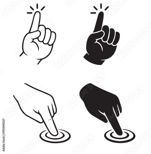 Black and white icons of hands pointing upward and downward with motion lines and ripple circles symbolizing digital tapping and clicking gestures