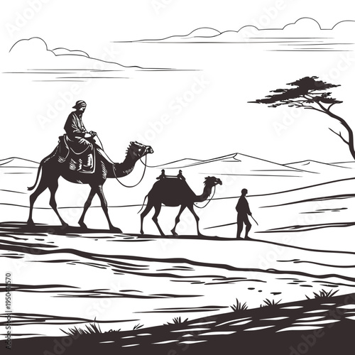 A man rides a camel through the desert with another man leading a second camel
