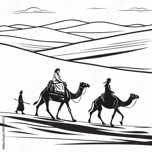 People riding camels through the desert