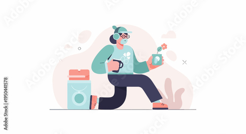 Person with headphones, cap, glasses, mask, holding a cup, and a plant pot
