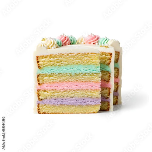 Two Slices of Pastel Rainbow Layer Cake with Colorful Buttercream Filling and Rosette Decoration Isolated on White Background