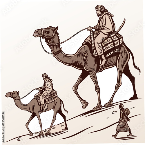 A man rides a camel through the desert with another person and camel