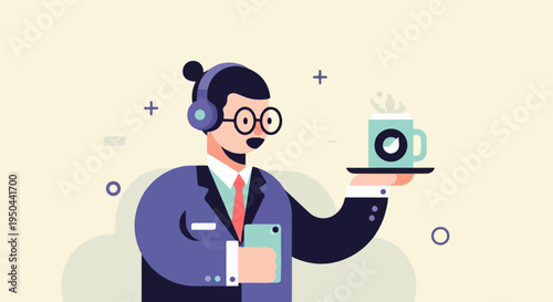 Person in suit with headset, holding phone and serving hot drink on tray