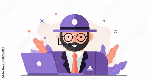 Stylized man with headset, glasses, and hat at laptop with plants