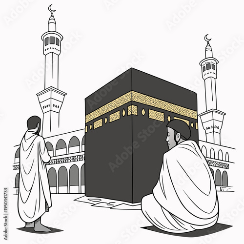 Two men in white robes standing in front of a large black cube