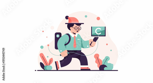 Person with backpack, phone, and monitor, running amidst abstract shapes and plants