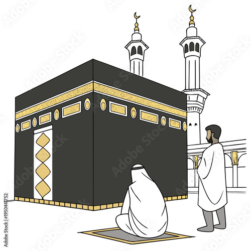 A man in white robes sitting in front of the kaaba