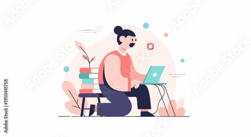 Person learning online with laptop and stack of books