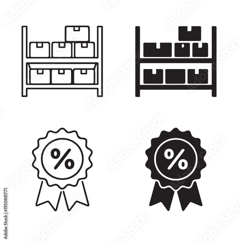 Black and white icons of warehouse shelves with boxes and discount badges with percentage symbols representing inventory storage and retail promotions