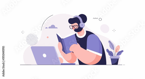 Person with headphones reading a book next to laptop and plant