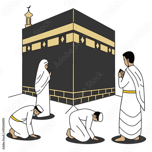 People in white robes praying in front of the kaaba