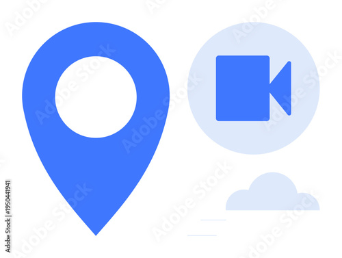 Navigation, video communication, cloud storage, online mapping, virtual connectivity, digital services. Blue location marker, video camera icon and cloud illustration. Navigation and video