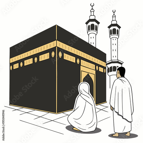 A man and woman in white robes standing in front of a black and gold building